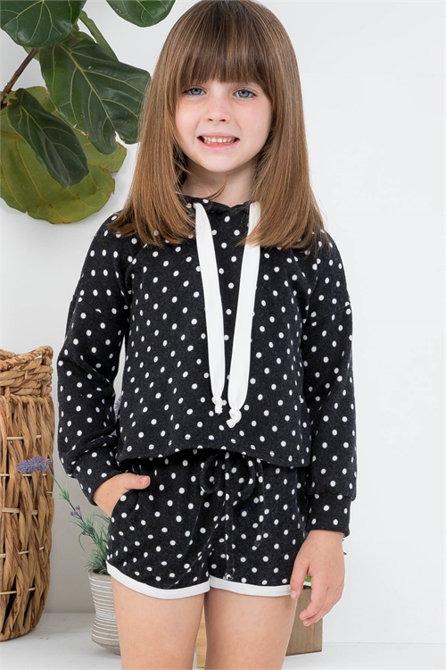 S4-7-3-PPP4103TK-BKIVIV - KIDS POLKA DOT LONG SLEEVE HOODIE WITH SELF TIE AND SHORTS SET- BLACK-IVORY/IVORY 1-1-1-1-1-1-1-1