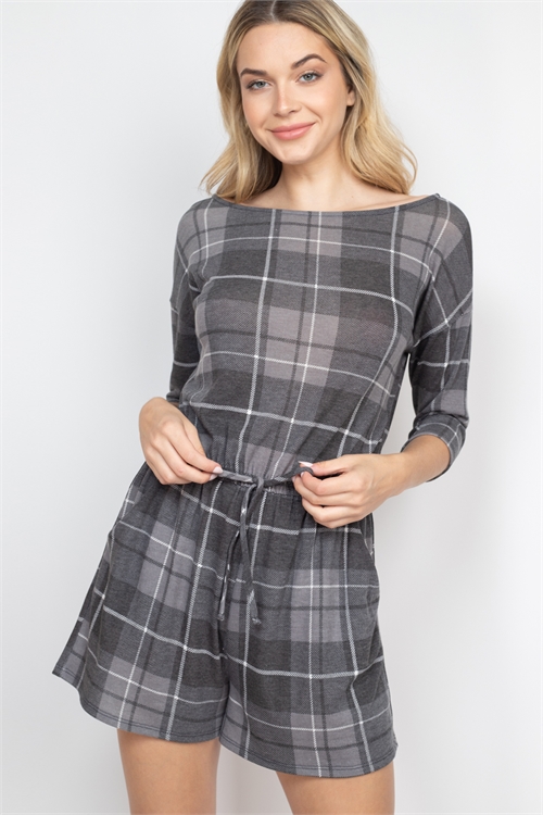 S9-16-2-PPP4104-CHLBK-1 - BOAT NECK QUARTER SLEEVE PLAID ROMPER- CHARCOAL/BLACK 1-2-2-1