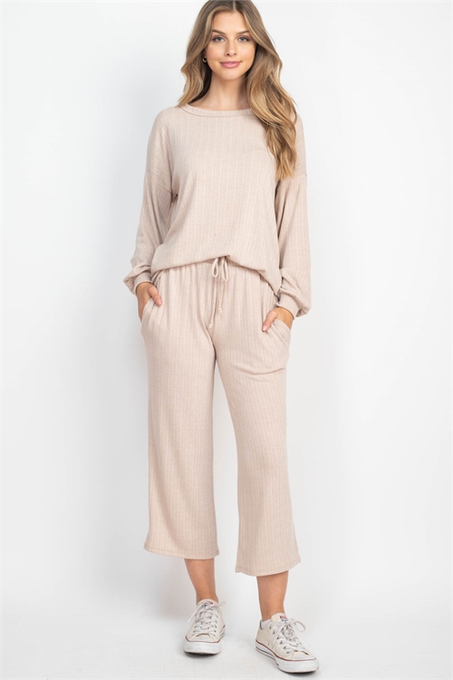 S11-18-2-PPP4107-TP - BAND RIB LONG SLEEVE TOP AND PANTS SET- TAUPE 1-2-2-2