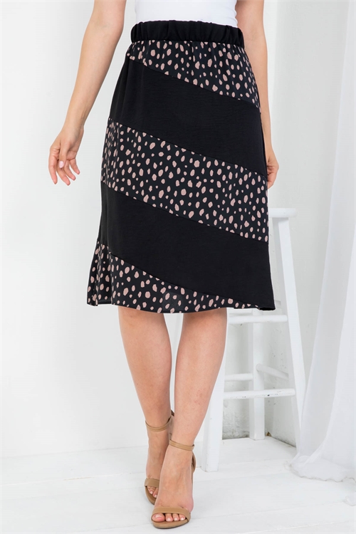 S8-10-2-PPS50009-BKMCBK - COLOR BLOCK ANIMAL PRINT A-LINE SKIRT- BLACK/MOCHA-BLACK 1-2-2-2