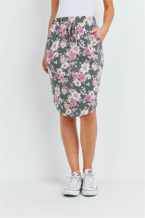 S4-7-3-PPS5001-BKDCRL - FLORAL PRINT FRONT TIE PENCIL SKIRT- BLACK-D. CORAL 1-2-2-2