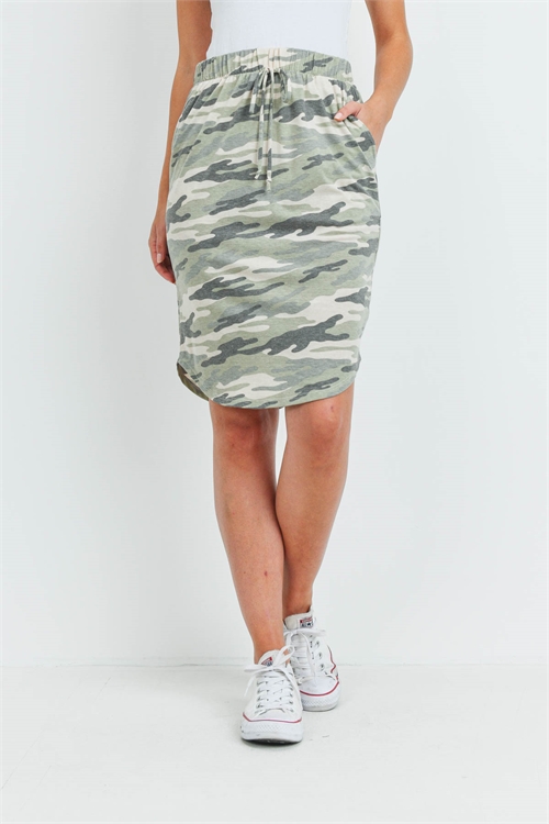 SA3-00-3-PPS5002-AGCHL - CAMO PRINT FRONT TIE PENCIL SKIRT- ARMY GREEN-CHARCOAL 1-2-2-2