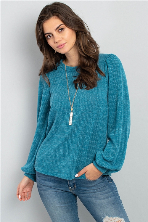 S11-4-4-PPT2001-TL - BUTTON BACK PUFF SLEEVES DRAKE TOP- TEAL 1-2-2-2