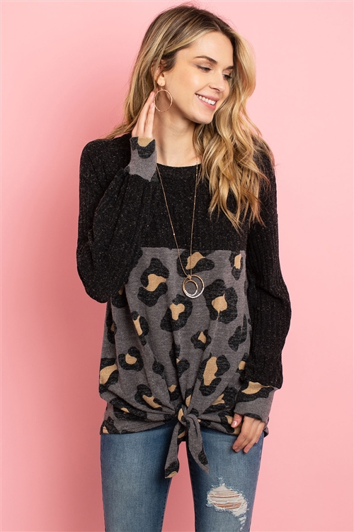 S9-2-3-PPT2009-BKGY - RIB DETAIL PUFF SLEEVED LEOPARD CONTRAST KNOT TOP- BLACK GREY 1-2-2-2