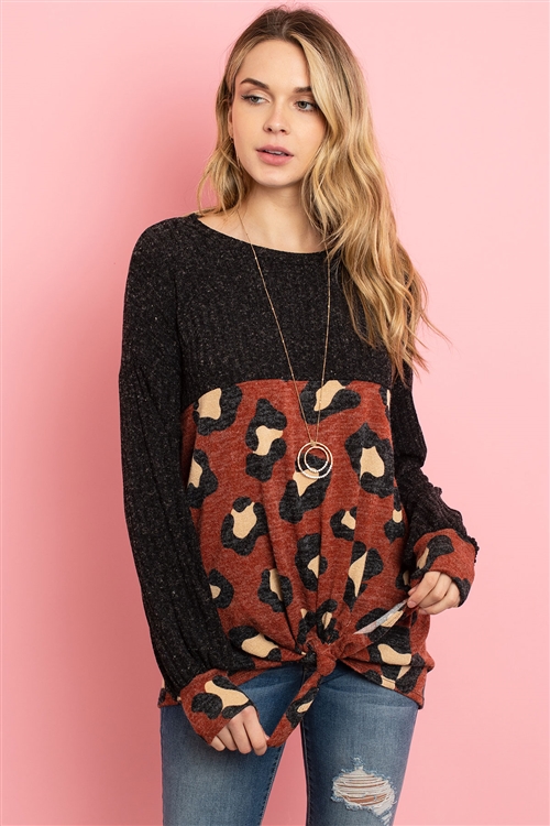 S9-3-3-PPT2009-BKRST - RIB DETAIL PUFF SLEEVED LEOPARD CONTRAST KNOT TOP- BLACK RUST 1-2-2-2