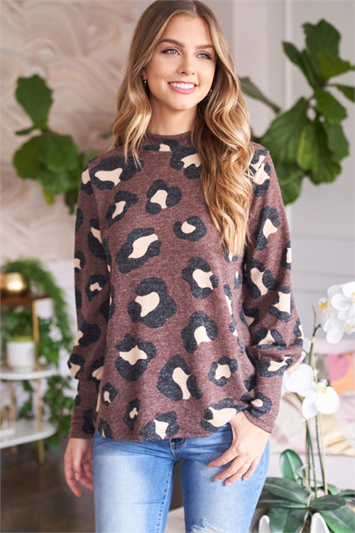 SA4-7-2-PPT2010-MC-1 - PUFF SLEEVE HIGH NECKLINE LEOPARD TOP- MOCHA 1-1-2-2