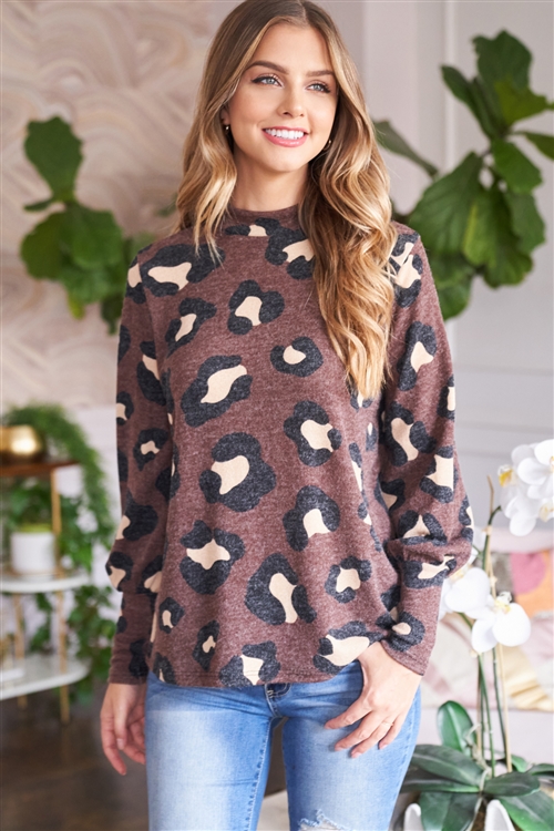 S11-16-3-PPT2010-MC-3 - PUFF SLEEVE HIGH NECKLINE LEOPARD TOP- MOCHA 1-1-1-0