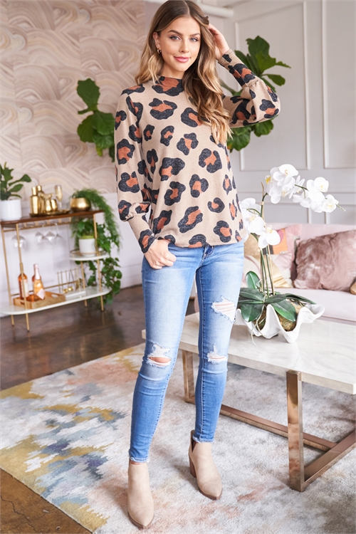 S12-11-3-PPT2010-TP-1 - PUFF SLEEVE HIGH NECKLINE LEOPARD TOP- TAUPE 1-2-1-3