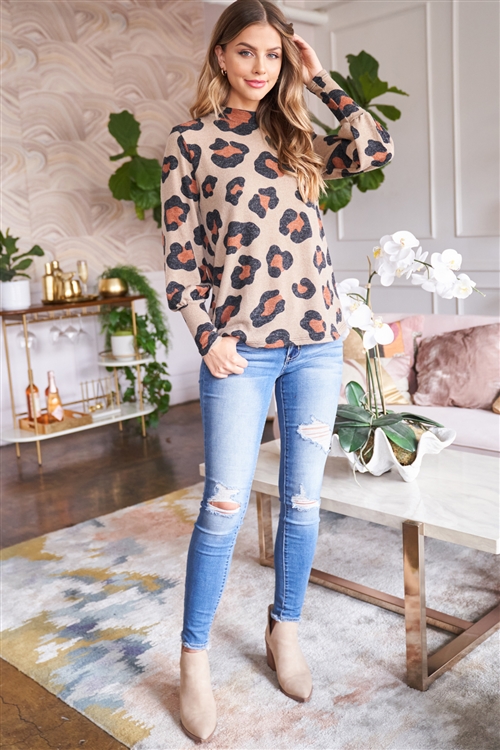 S11-19-3-PPT2010-TP-3 - PUFF SLEEVE HIGH NECKLINE LEOPARD TOP- TAUPE 0-2-2-3