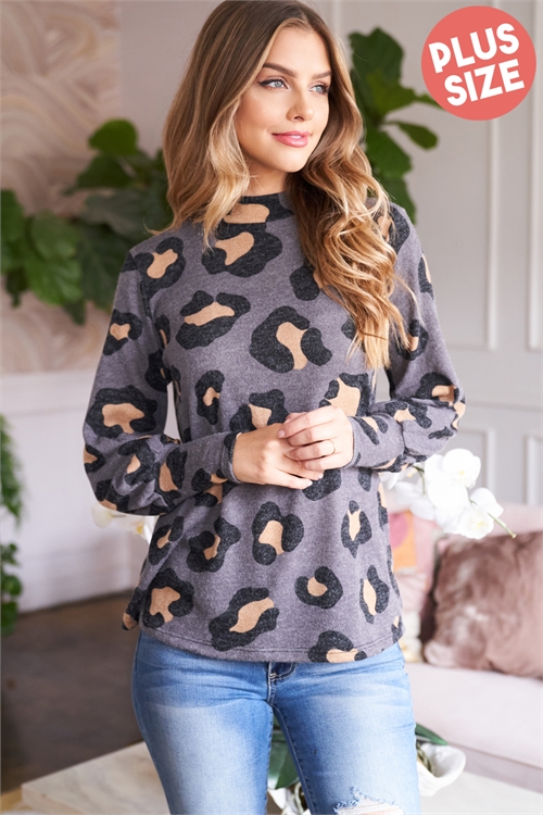 S11-18-3-PPT2010X-GY-1 - PLUS SIZE PUFF SLEEVE HIGH NECKLINE LEOPARD TOP- GREY 2-2-1