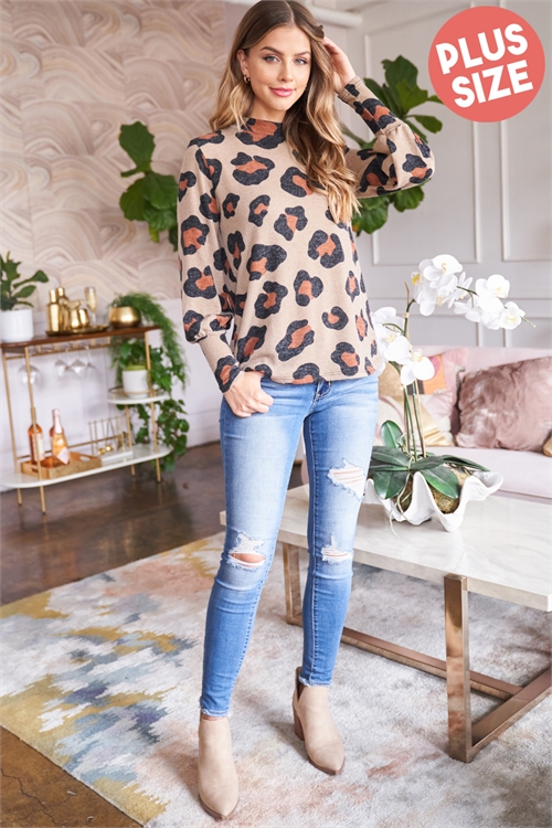 S13-12-3--PPT2010X-TP-1 - PLUS SIZE PUFF SLEEVE HIGH NECKLINE LEOPARD TOP- TAUPE 3-2-0