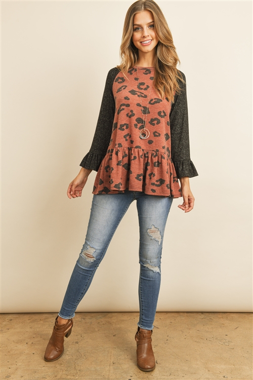 S6-1-1-PPT2014-RSTBK2T - TWO TONED SLEEVED ROUND NECK LEOPARD RUFFLE TOP- RUST/BLACK 2TONE 1-2-2-2