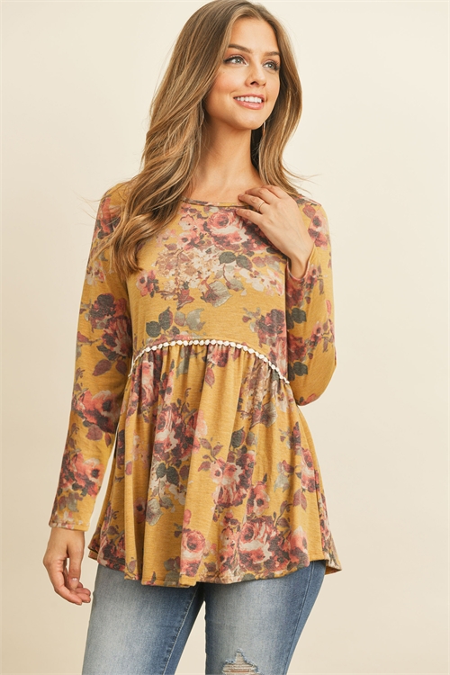 S16-1-2-PPT2020-MURS - FLORAL LONG SLEEVED CINCH WAIST LACE DETAIL SWING TOP- MUSTARD/ROSE 1-2-2-2