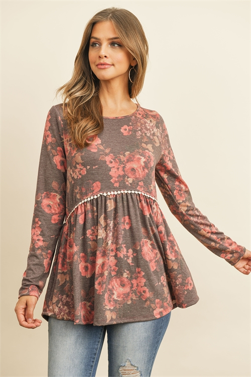 S16-1-2-PPT2020-WNRS - FLORAL LONG SLEEVED CINCH WAIST LACE DETAIL SWING TOP- WINE/ROSE 1-2-2-2