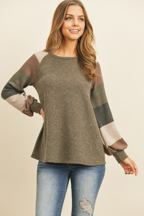 S15-2-1-PPT2023-AGCHMC - MULTICOLOR STRIPES SLEEVED GARY RIB SWEATER- ARMY GREEN CHARCOAL 1-2-2-2