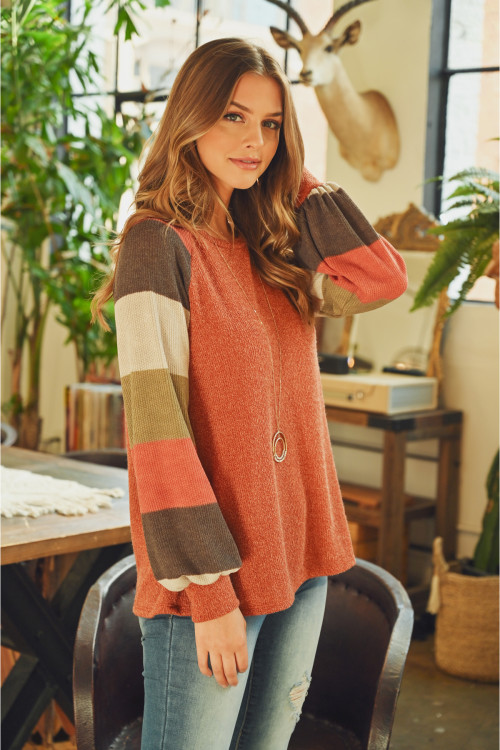 S15-2-4-PPT2023-RSTBKOV - MULTICOLOR STRIPES SLEEVED GARY RIB SWEATER- RUST BRICK OLIVE 1-2-2-2