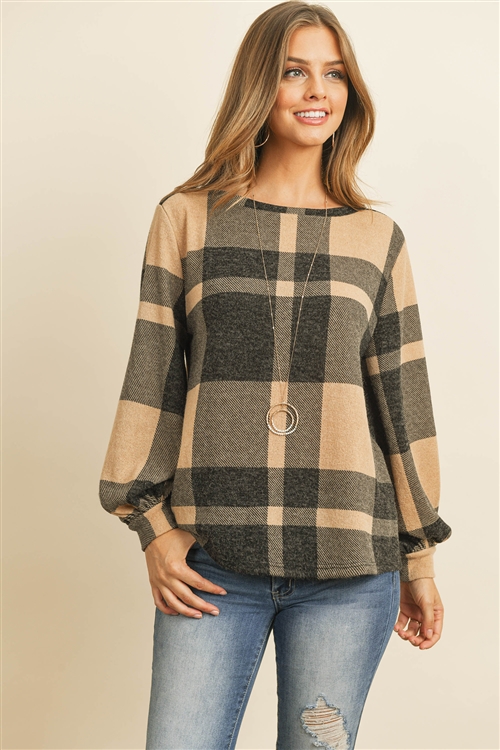 S8-1-4-PPT2026-LTTPBK - BOAT NECK PUFF SLEEVED PLAID TOP- LIGHT TAUPE/BLACK 1-2-2-2