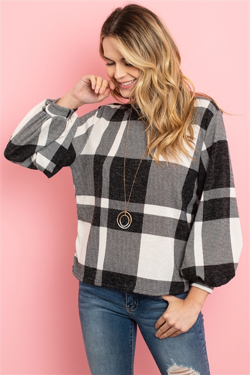 S8-1-4-PPT2026-OFWBK - BOAT NECK PUFF SLEEVED PLAID TOP- OFF-WHITE/BLACK 1-2-2-2