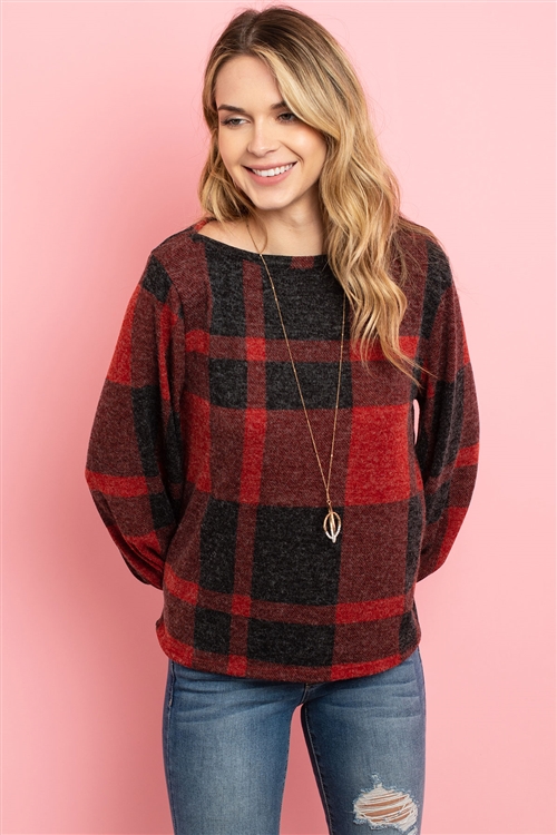 S8-1-4-PPT2026-RDBK - BOAT NECK PUFF SLEEVED PLAID TOP- RED/BLACK 1-2-2-2
