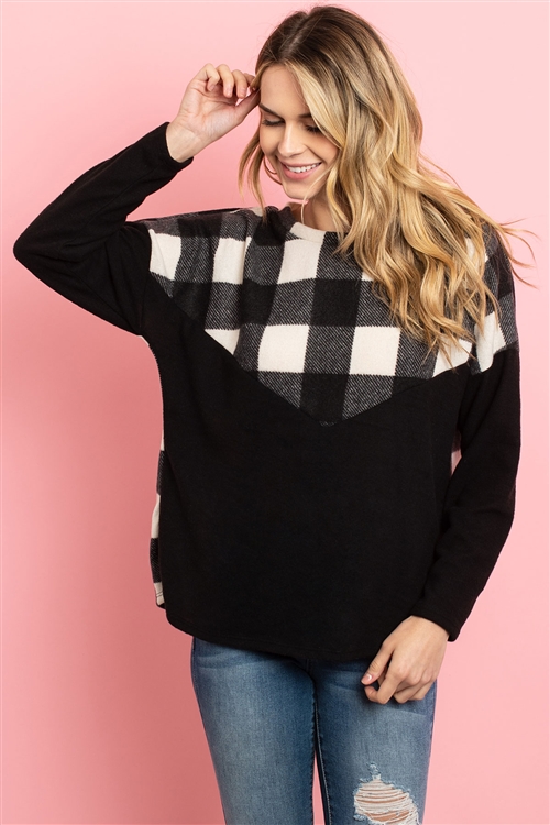 S8-2-4-PPT2030-BKIV - PLAID CONTRAST LONG SLEEVED BRUSHED TOP- BLACK/IVORY 1-2-2-2