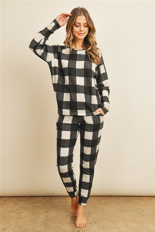 S16-1-2-PPT2031-BKIV - BRUSHED PLAID TOP AND JOGGERS SET WITH SELF TIE- BLACK IVORY 1-2-2-2