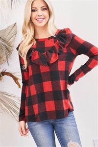 S6-1-2-PPT2032-BKRD - V-SHAPED BRUSHED PLAID RUFFLE DETAIL LONG SLEEVE TOP- BLACK RED 1-2-2-2