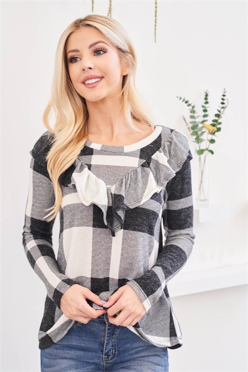 S4-1-1-PPT2035-OFWBK - PLAID V-SHAPED RUFFLE DETAIL LONG SLEEVE TOP- OFF-WHITE/BLACK 1-2-2-2