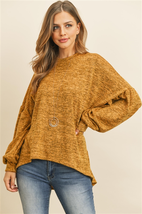 S4-7-3-PPT2037-MU - TWO TONE PUFF SLEEVE HIGH LOW HACCI BRUSHED TOP- MUSTARD 1-2-2-2