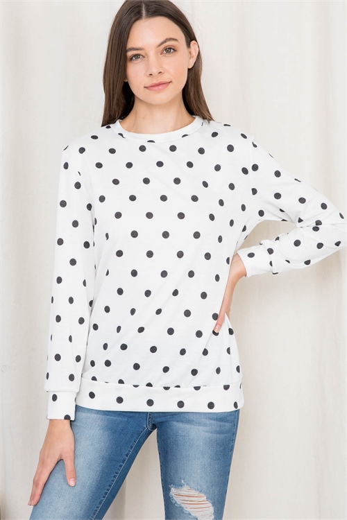 S16-3-3-PPT2040-IVBK - FLEECED POLKA DOT PRINT LONG SLEEVED PULLOVER TOP- IVORY/BLACK 1-2-2-2