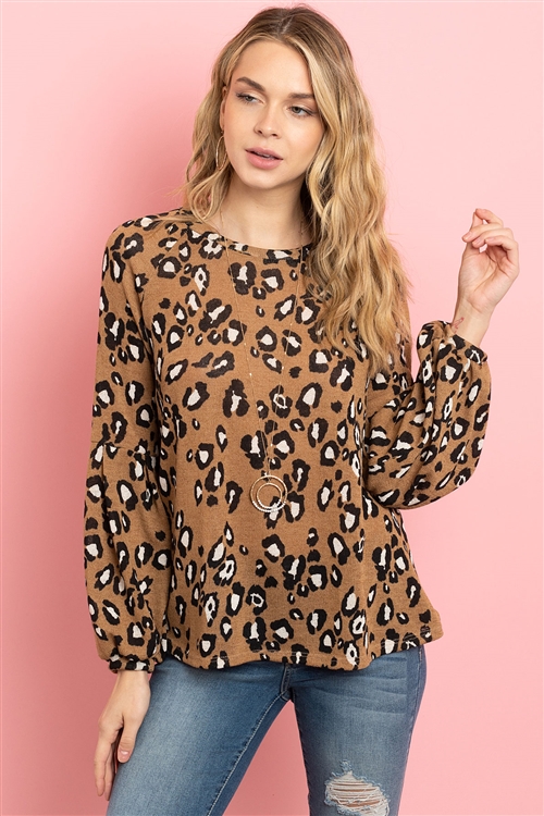 S8-14-4-PPT2041-CML - ANIMAL PRINT PUFF SLEEVES ROUND NECK TOP- CAMEL 1-2-2-2
