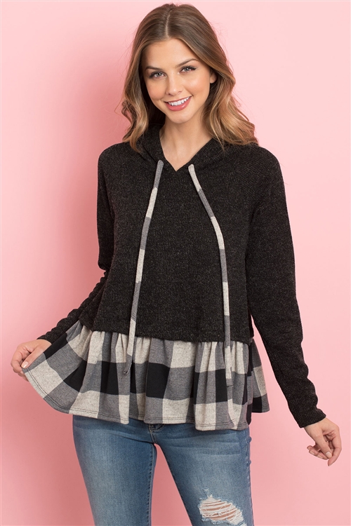 S8-10-4-PPT2042-BKOTMBK - SELF TIE LONG SLEEVE PLAID RUFFLE SWING HOODIE- BLACK/OATMEAL BLACK 1-2-2-2