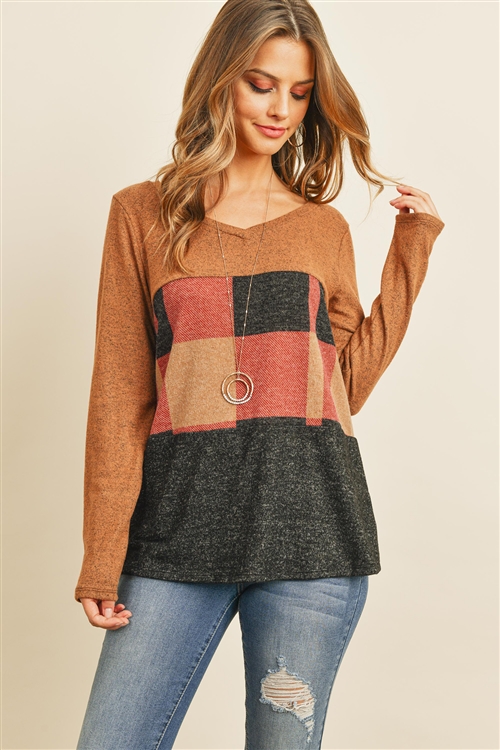 S14-4-4-PPT2044-AMTPBK - V-NECK LONG SLEEVES PLAID CONTRAST BRUSHED TOP- AMBER/TAUPE/BLACK 2TONE 1-2-2-2