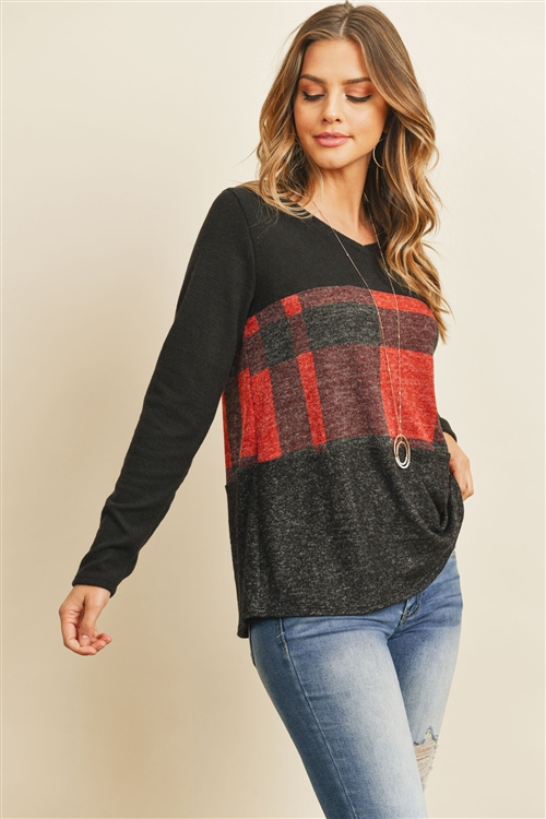 S14-4-4-PPT2044-BKRDBK - V-NECK LONG SLEEVES PLAID CONTRAST BRUSHED TOP- BLACK/RED/BLACK 1-2-2-2