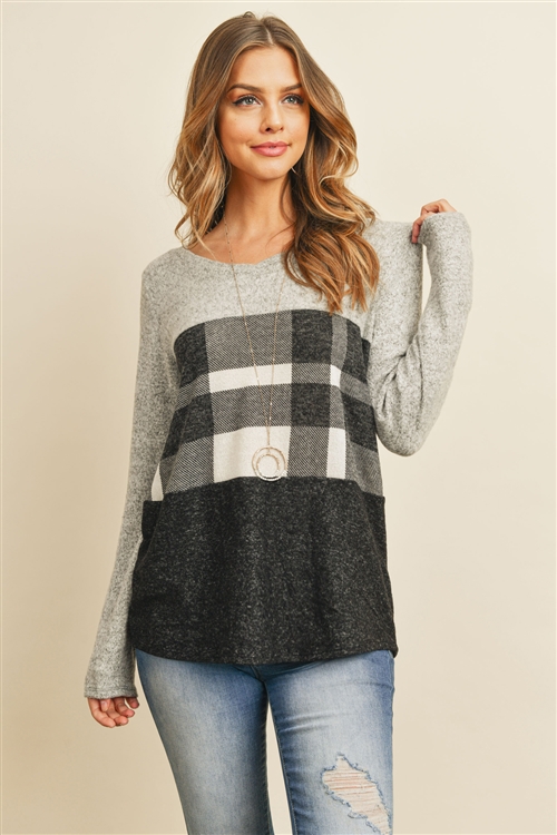 S14-4-4-PPT2044-HGWTBK - V-NECK LONG SLEEVES PLAID CONTRAST BRUSHED TOP- HEATHER GREY/WHITE/BLACK 1-2-2-2