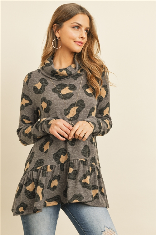 S15-5-2-PPT2045-GY - MIRR HAIR COWL NECK RUFFLE HEM LEOPARD TOP- GREY 1-2-2-2