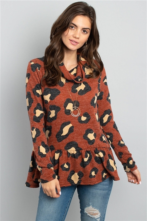 S10-1-2-PPT2045-RU-1 - SHORT SLEEVES ROUND HEM LEOPARD TOP- RUST 1-1-2-2