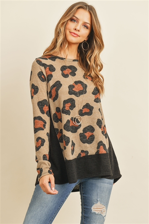 S14-10-4-PPT2046-TPBK -  LEOPARD LONG SLEEVES BOTTOM AND SIDE CONTRAST TOP- TAUPE/BLACK 1-2-2-2