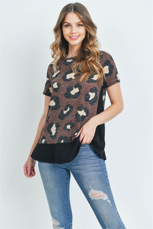 C68-A-3-PPT2046SS-MCBK -  LEOPARD SHORTS SLEEVES BOTTOM AND SIDE CONTRAST TOP- MOCHA/BLACK 1-2-2-2