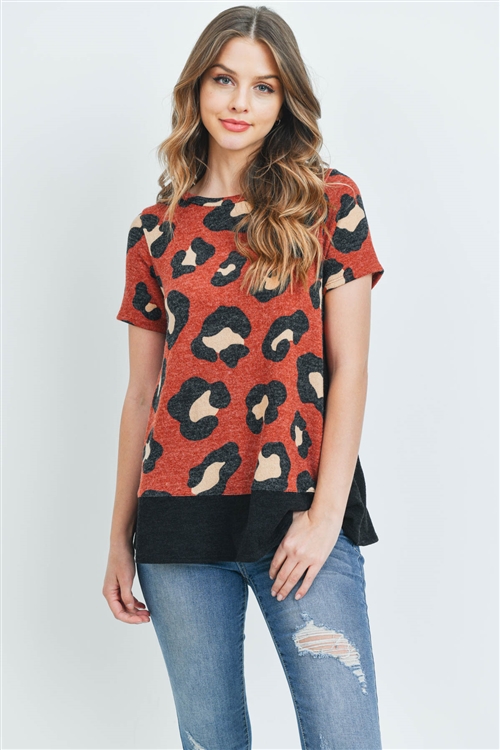 C72-A-1-PPT2046SS-RSTBK -  LEOPARD SHORTS SLEEVES BOTTOM AND SIDE CONTRAST TOP- RUST/BLACK 1-2-2-2