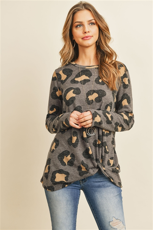 S4-2-1-PPT2047-GY - LONG SLEEVE ROUND NECK LEOPARD KNOT TOP- GREY 1-2-2-2