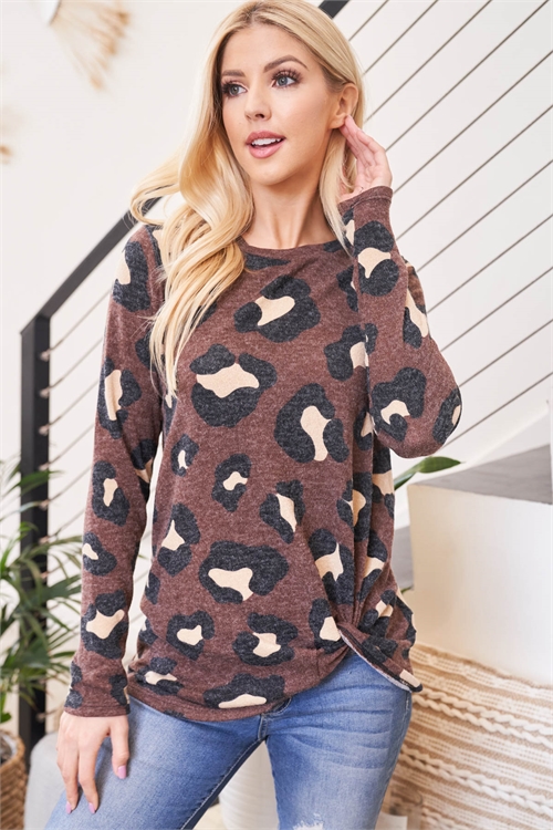 S4-2-1-PPT2047-MC - LONG SLEEVE ROUND NECK LEOPARD KNOT TOP- MOCHA 1-2-2-2