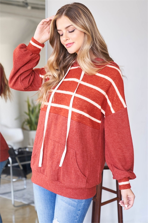 S12-3-3-PPT2048-RSTRSTWT - STRIPE CONTRAST HOODIE WITH KANGAROO POCKET- RUST/RUST-WHITE 1-2-2-2 (NOW $11.50 ONLY!)