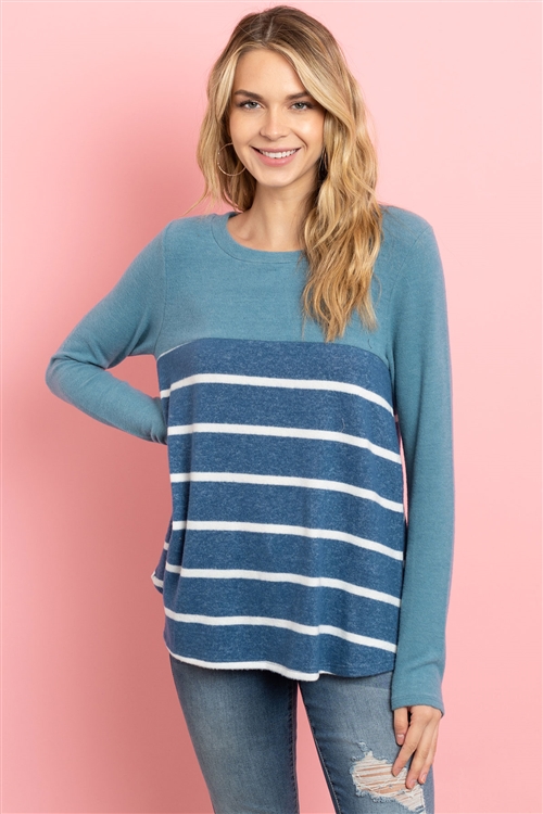 S13-7-4-PPT2049-TLWT - STRIPED CONTRAST BACK BUTTON DETAIL BRUSHED TOP- TEAL/WHITE 1-2-2-2