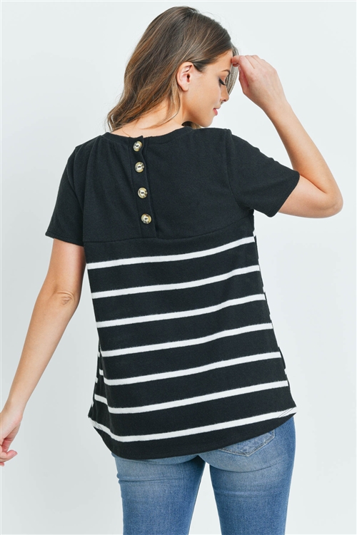 C12-A-1-PPT2049SS-BKWT-1 - SHORT SLEEVES STRIPED CONTRAST BACK BUTTON DETAIL BRUSHED TOP- BLACK/WHITE 0-2-2-2