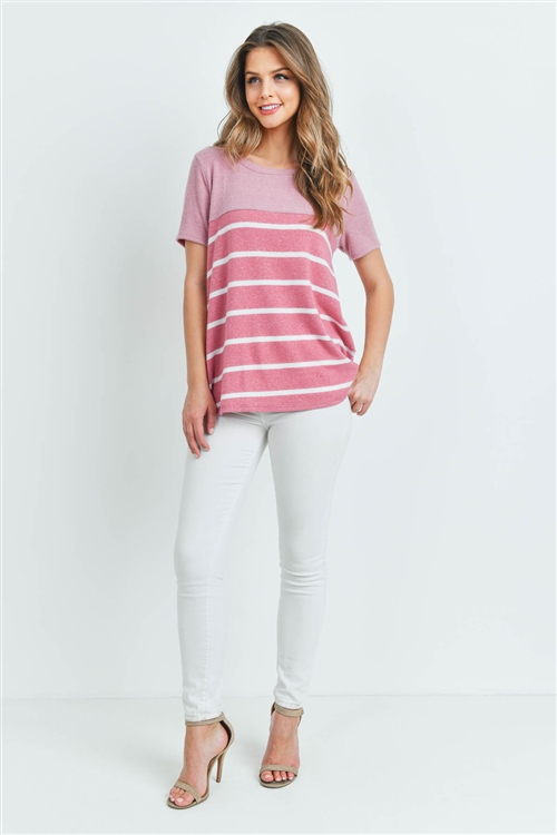 C4-B-2-PPT2049SS-MVWT - SHORT SLEEVES STRIPED CONTRAST BACK BUTTON DETAIL BRUSHED TOP- MAUVE/WHITE 1-2-2-2