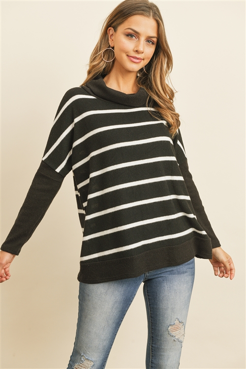 S4-8-1-PPT2050-BKWTBK - RIB DETAIL CONTRAST LONG SLEEVED COAL NECK STRIPED TOP- BLACK WHITE/BLACK 1-2-2-2