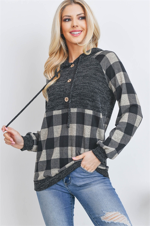 SA4-4-1-PPT20501-TPBKBK - DRAKE PD CONTRAST BUTTON DETAIL PLAID HOODIE- TAUPE-BLACK/BLACK 1-2-2-2