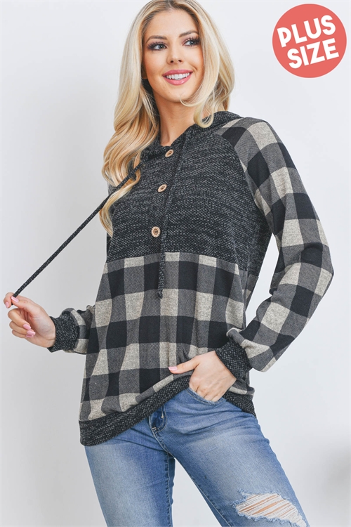 SA3-5-3-PPT20501X-TPBKBK - PLUS SIZE DRAKE PD CONTRAST BUTTON DETAIL PLAID HOODIE- TAUPE-BLACK/BLACK 3-2-1