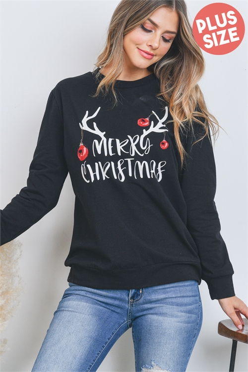 S4-1-2-PPT20506X-BK - PLUS SIZE LONG SLEEVE "MERRY CHRISTMAS" PRINT PULLOVER- BLACK 3-2-1