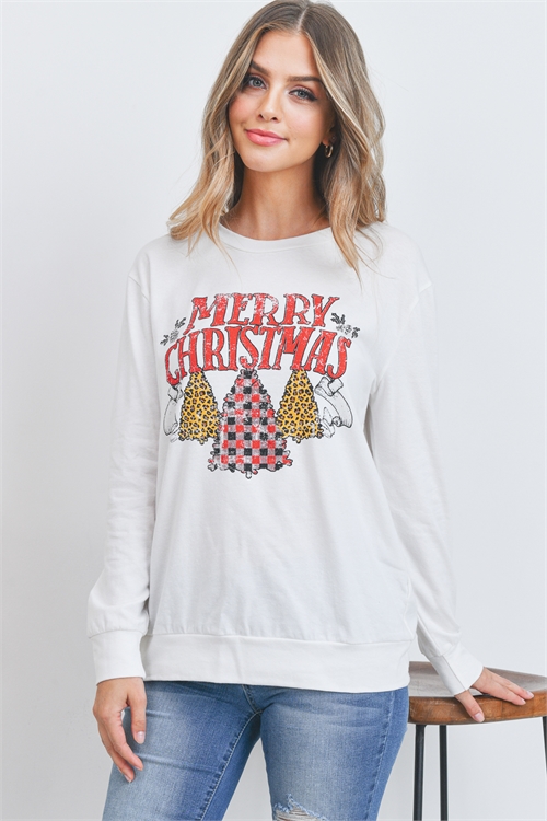 S14-8-1-PPT20507-IV - "MERRY CHRISTMAS" PRINT LONG SLEEVE PULLOVER TOP- IVORY 1-2-2-2